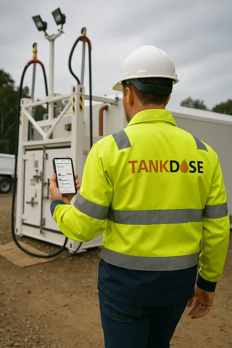 TankDose field technician checking tank status on the WebApp via smartphone