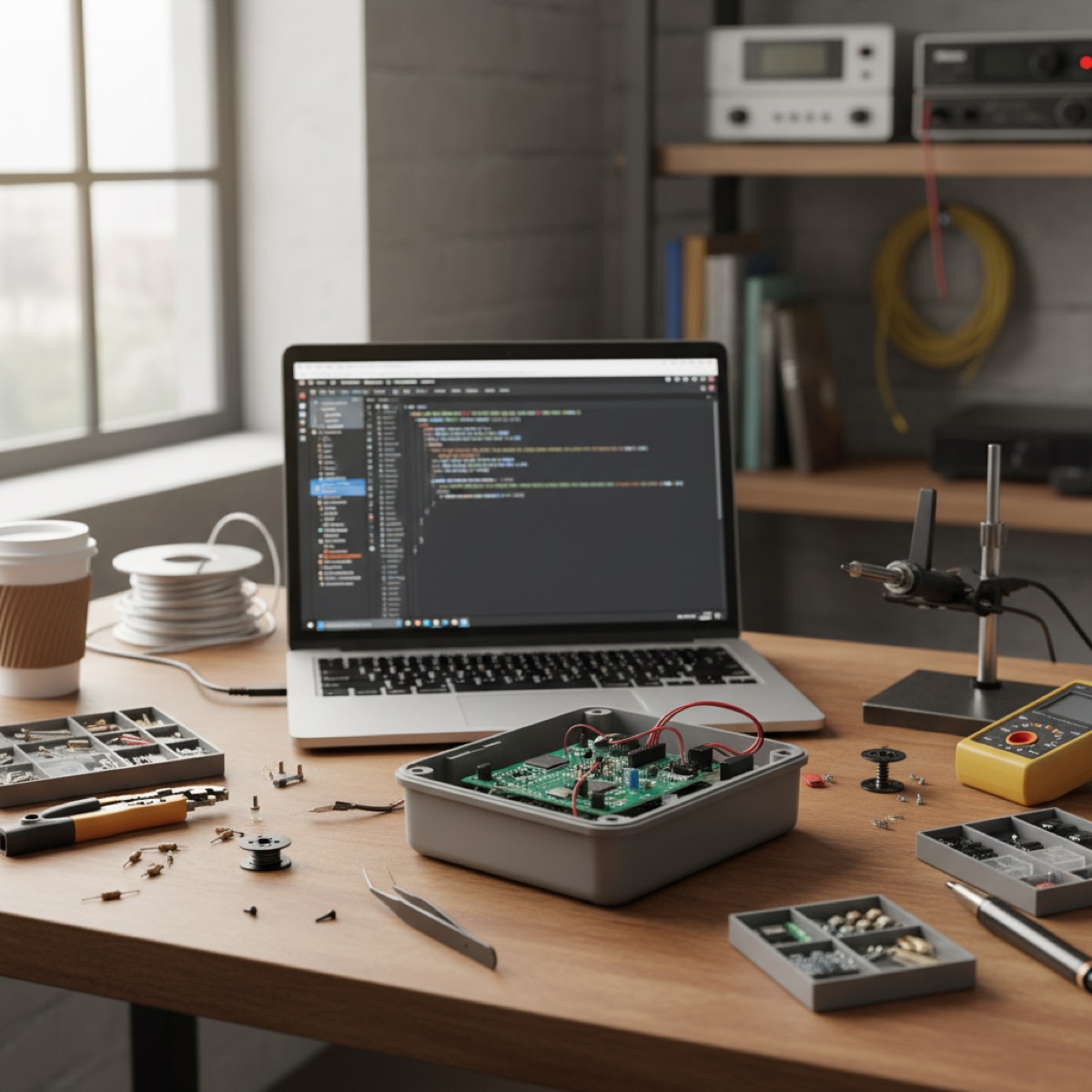 Hardware enclosure and laptop with firmware code side by side on a workbench