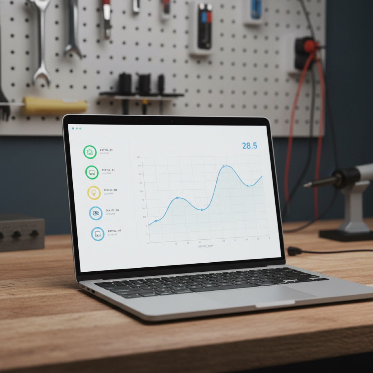 Laptop showing a fleet device status dashboard and live sensor chart