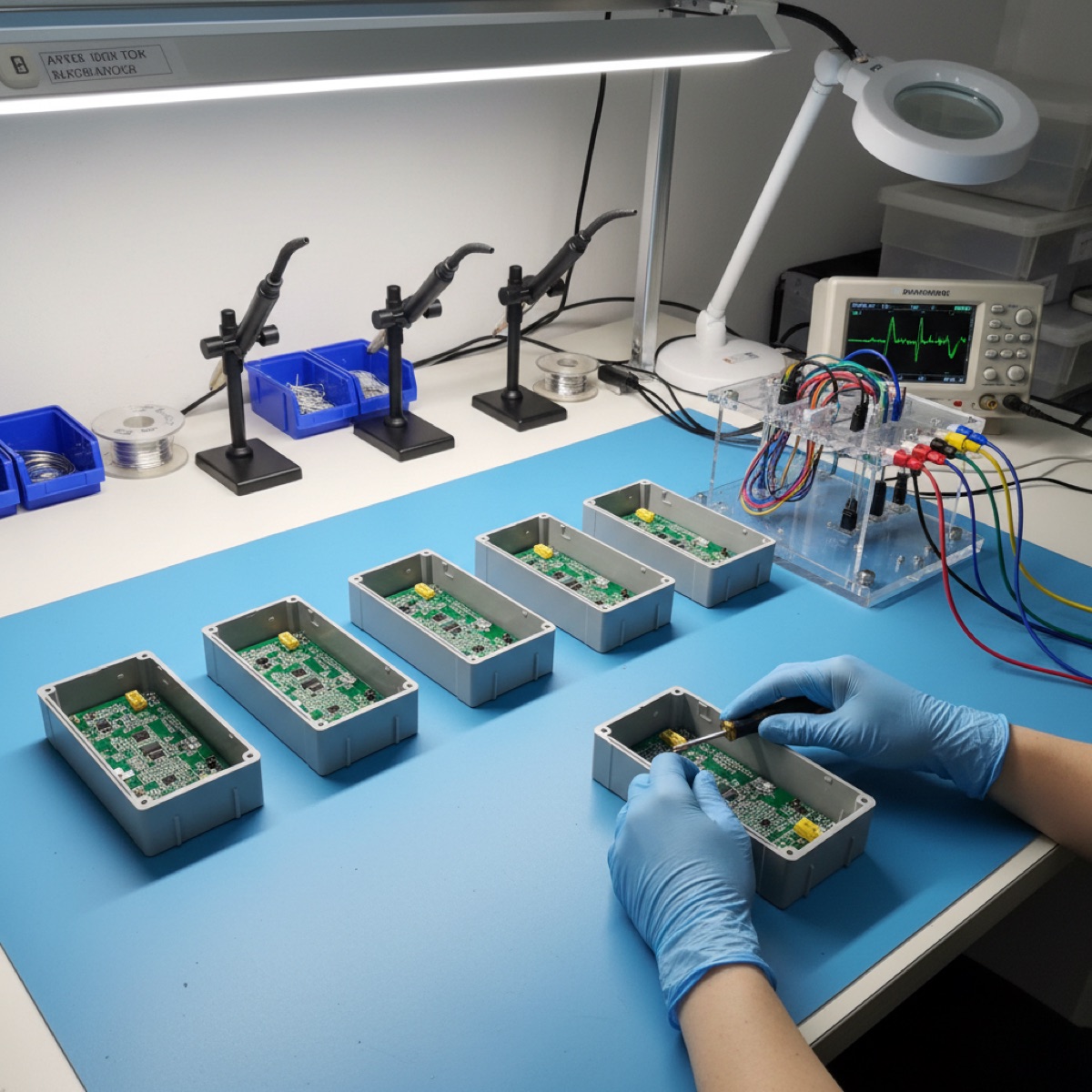 Small batch of device enclosures being assembled on a production bench