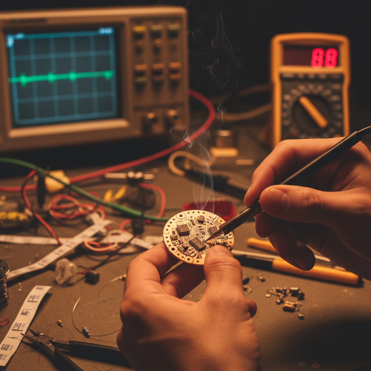 Engineer soldering a custom PCB prototype on a workbench